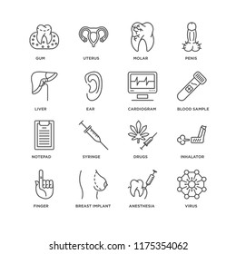 Set Of 16 simple line icons such as Virus, Anesthesia, Breast implant, Finger, Inhalator, Gum, Liver, Notepad, Cardiogram, editable stroke icon pack, pixel perfect