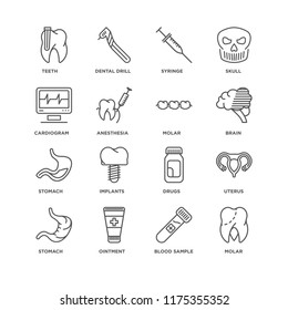 Set Of 16 simple line icons such as Molar, Blood sample, Ointment, Stomach, Uterus, Teeth, Cardiogram, editable stroke icon pack, pixel perfect
