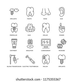 Set Of 16 simple line icons such as Implants, Molar, Electric toothbrush, Blood transfusion, Microbe, Premolar, Ointment, editable stroke icon pack, pixel perfect