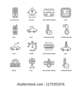 Set Of 16 simple line icons such as Thermometer, Air conditioner, Fan, Mode, Car, cooler, editable stroke icon pack, pixel perfect