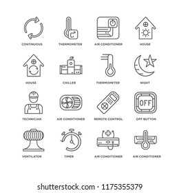 Set Of 16 simple line icons such as Air conditioner, Timer, Ventilator, Off button, Continuous, House, Technician, Thermometer, editable stroke icon pack, pixel perfect