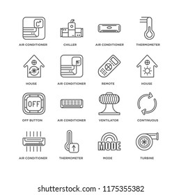 Set Of 16 simple line icons such as Turbine, Mode, Thermometer, Air conditioner, Continuous, House, Off button, Remote, editable stroke icon pack, pixel perfect
