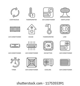Set Of 16 simple line icons such as Air conditioner, Cooling, Continuous, Timer, On button, Thermometer, editable stroke icon pack, pixel perfect