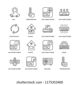 Set Of 16 simple line icons such as Thermometer, Cooling, Air conditioner, Mode, Car, Continuous, editable stroke icon pack, pixel perfect