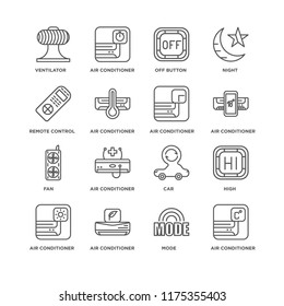 Set Of 16 simple line icons such as Air conditioner, Mode, High, Ventilator, Remote control, Fan, editable stroke icon pack, pixel perfect