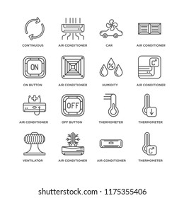 Set Of 16 simple line icons such as Thermometer, Air conditioner, Ventilator, Continuous, On button, Humidity, editable stroke icon pack, pixel perfect