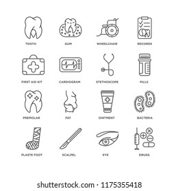Set Of 16 simple line icons such as Drugs, Eye, Scalpel, Plaste foot, Bacteria, Tooth, First aid kit, Premolar, Stethoscope, editable stroke icon pack, pixel perfect