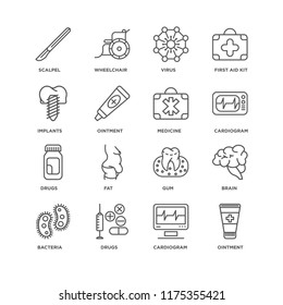 Set Of 16 simple line icons such as Ointment, Cardiogram, Drugs, Bacteria, Brain, Scalpel, Implants, Medicine, editable stroke icon pack, pixel perfect