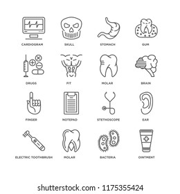 Set Of 16 simple line icons such as Ointment, Bacteria, Molar, Electric toothbrush, Ear, Cardiogram, Drugs, Finger, editable stroke icon pack, pixel perfect
