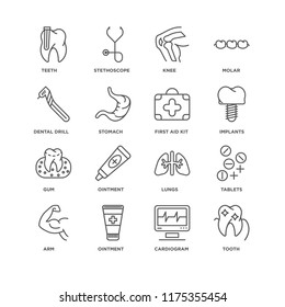 Set Of 16 simple line icons such as Tooth, Cardiogram, Ointment, Arm, Tablets, Teeth, Dental drill, Gum, First aid kit, editable stroke icon pack, pixel perfect