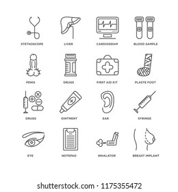Set Of 16 simple line icons such as Breast implant, Inhalator, Notepad, Eye, Syringe, Stethoscope, Penis, Drugs, First aid kit, editable stroke icon pack, pixel perfect