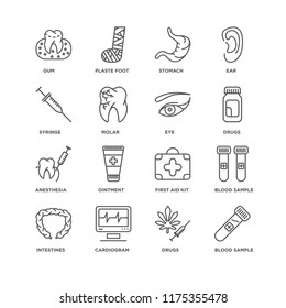Set Of 16 simple line icons such as Blood sample, Drugs, Cardiogram, Intestines, Gum, Syringe, Anesthesia, Eye, editable stroke icon pack, pixel perfect
