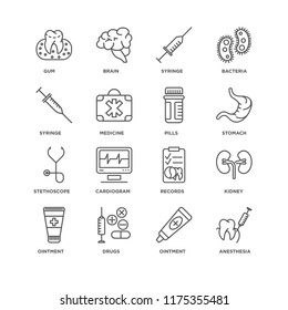 Set Of 16 simple line icons such as Anesthesia, Ointment, Drugs, Kidney, Gum, Syringe, Stethoscope, Pills, editable stroke icon pack, pixel perfect