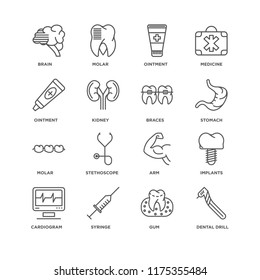 Set Of 16 simple line icons such as Dental drill, Gum, Syringe, Cardiogram, Implants, Brain, Ointment, Molar, Braces, editable stroke icon pack, pixel perfect