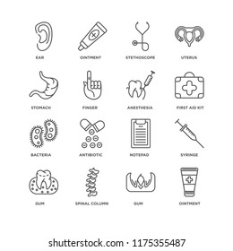 Set Of 16 Simple Line Icons Such As Ointment, Gum, Spinal Column, Syringe, Ear, Stomach, Bacteria, Anesthesia, Editable Stroke Icon Pack, Pixel Perfect