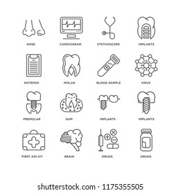 Set Of 16 simple line icons such as Drugs, Brain, First aid kit, Implants, Nose, Notepad, Premolar, Blood sample, editable stroke icon pack, pixel perfect