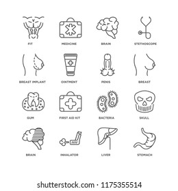 Set Of 16 simple line icons such as Stomach, Liver, Inhalator, Brain, Skull, Fit, Breast implant, Gum, Penis, editable stroke icon pack, pixel perfect