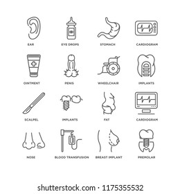 Set Of 16 Simple Line Icons Such As Premolar, Breast Implant, Blood Transfusion, Nose, Cardiogram, Ear, Ointment, Scalpel, Wheelchair, Editable Stroke Icon Pack, Pixel Perfect