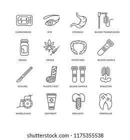 Set Of 16 simple line icons such as Premolar, Implants, Ointment, Wheelchair, Skeleton, Cardiogram, Drugs, Scalpel, Intestines, editable stroke icon pack, pixel perfect