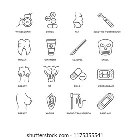 Set Of 16 simple line icons such as Band aid, Blood transfusion, Vagina, Breast, Cardiogram, Wheelchair, Molar, Scalpel, editable stroke icon pack, pixel perfect