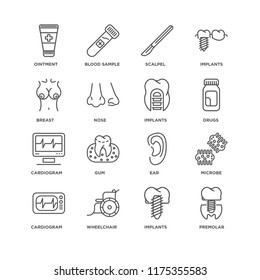 Set Of 16 simple line icons such as Premolar, Implants, Wheelchair, Cardiogram, Microbe, Ointment, Breast, editable stroke icon pack, pixel perfect