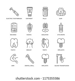 Set Of 16 simple line icons such as Blood transfusion, Implants, Dental drill, Arm, Electric toothbrush, Records, Tooth, Skeleton, editable stroke icon pack, pixel perfect