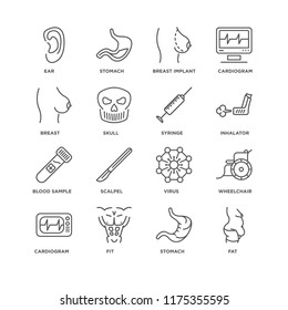 Set Of 16 simple line icons such as Fat, Stomach, Fit, Cardiogram, Wheelchair, Ear, Breast, Blood sample, Syringe, editable stroke icon pack, pixel perfect