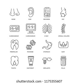 Set Of 16 simple line icons such as Pills, Implants, Ointment, Tooth, Gum, Nose, Cardiogram, Premolar, X ray, editable stroke icon pack, pixel perfect