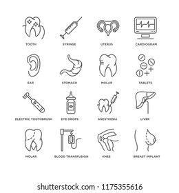 Set Of 16 simple line icons such as Breast implant, Knee, Blood transfusion, Molar, Liver, Tooth, Ear, Electric toothbrush, editable stroke icon pack, pixel perfect