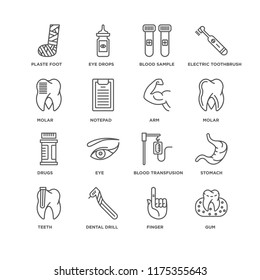 Set Of 16 simple line icons such as Gum, Finger, Dental drill, Teeth, Stomach, Plaste foot, Molar, Drugs, Arm, editable stroke icon pack, pixel perfect