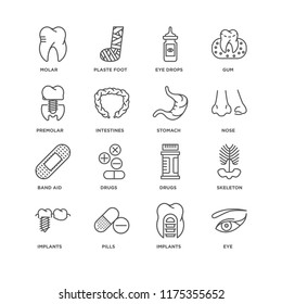 Set Of 16 simple line icons such as Eye, Implants, Pills, Skeleton, Molar, Premolar, Band aid, Stomach, editable stroke icon pack, pixel perfect