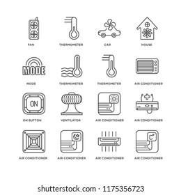 Set Of 16 simple line icons such as Air conditioner, Fan, Mode, On button, Thermometer, editable stroke icon pack, pixel perfect