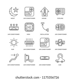 Set Of 16 simple line icons such as Car, Air conditioner, conditioning, Night, Sun, Oscillation, editable stroke icon pack, pixel perfect