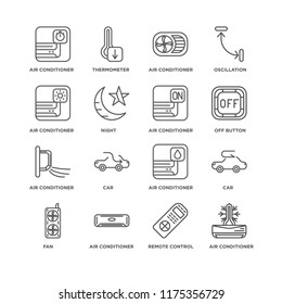 Set Of 16 simple line icons such as Air conditioner, Remote control, Fan, Car, Thermometer, editable stroke icon pack, pixel perfect