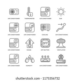 Set Of 16 simple line icons such as Air conditioner, Ventilator, Off button, House, Thermometer, editable stroke icon pack, pixel perfect