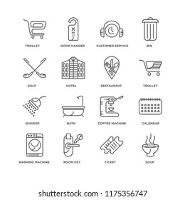 Set Of 16 simple line icons such as Soup, Ticket, Room key, Washing machine, Calendar, Trolley, Golf, Shower, Restaurant, editable stroke icon pack, pixel perfect