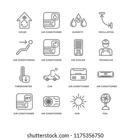 Set Of 16 simple line icons such as Fan, Sun, Air conditioner, House, conditioning, Thermometer, cooler, editable stroke icon pack, pixel perfect