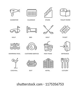 Set Of 16 simple line icons such as Cutlery, Hotel, Exit, Cocktail, Entrance, Hairdryer, Golf, Swimming pool, editable stroke icon pack, pixel perfect