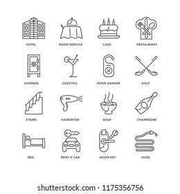 Set Of 16 simple line icons such as Hose, Room key, Rent a car, Bed, Champagne, Hotel, Safebox, Stairs, Door hanger, editable stroke icon pack, pixel perfect