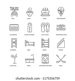 Set Of 16 simple line icons such as Golf, Washing machine, Bath, Cocktail, Stairs, Taxi, Calendar, Safebox, Flip flops, editable stroke icon pack, pixel perfect