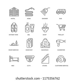 Set Of 16 simple line icons such as Customer service, Stairs, Cctv, Bed, Hairdryer, Hotel, Oxygen tank, Room Soup, editable stroke icon pack, pixel perfect