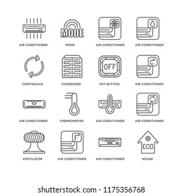 Set Of 16 simple line icons such as House, Air conditioner, Ventilator, Thermometer, Mode, editable stroke icon pack, pixel perfect