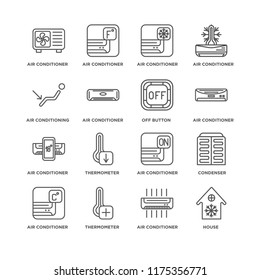Set Of 16 simple line icons such as House, Air conditioner, Condenser, Thermometer, editable stroke icon pack, pixel perfect