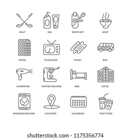 Set Of 16 simple line icons such as Fast food, Calendar, Location, Washing machine, Hotel, Golf, Hairdryer, Ticket, editable stroke icon pack, pixel perfect