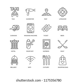 Set Of 16 simple line icons such as Shopping bag, Cutlery, Wifi, Bellboy, Golf, Taxi, Caravan, Hotel, Ticket, editable stroke icon pack, pixel perfect