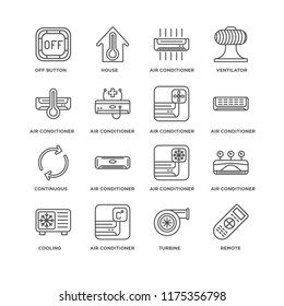 Set Of 16 simple line icons such as Remote, Turbine, Air conditioner, Cooling, Off button, Continuous, editable stroke icon pack, pixel perfect