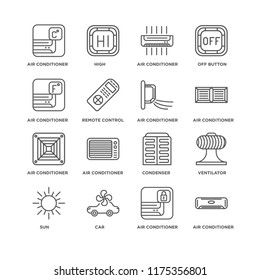 Set Of 16 simple line icons such as Air conditioner, Car, Sun, Ventilator, editable stroke icon pack, pixel perfect
