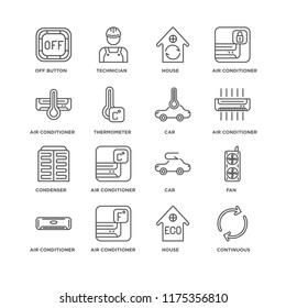Set Of 16 simple line icons such as Continuous, House, Air conditioner, Fan, Off button, Condenser, Car, editable stroke icon pack, pixel perfect