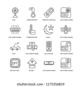 Set Of 16 simple line icons such as Air conditioner, House, Off button, Fan, Car, Night, editable stroke icon pack, pixel perfect