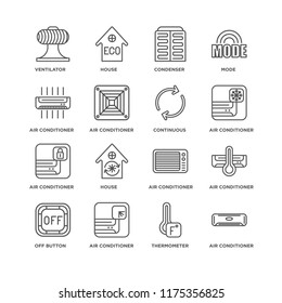 Set Of 16 simple line icons such as Air conditioner, Thermometer, Ventilator, Off button, House, editable stroke icon pack, pixel perfect